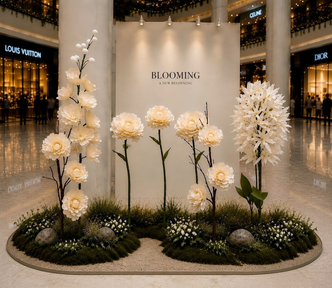 White paper flower installation by Fleur and Fauna