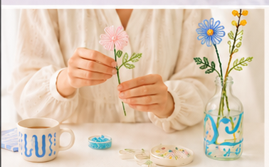 Hands crafting beaded botanical flowers