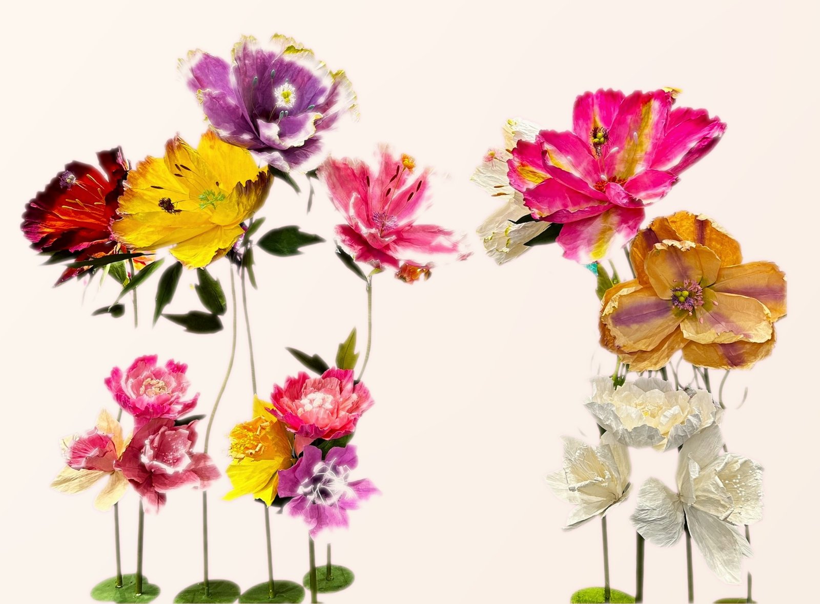 Colourful beaded botanicals in painted glass vessels