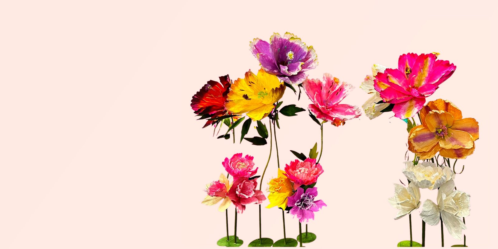 Colourful beaded botanicals in painted glass vessels