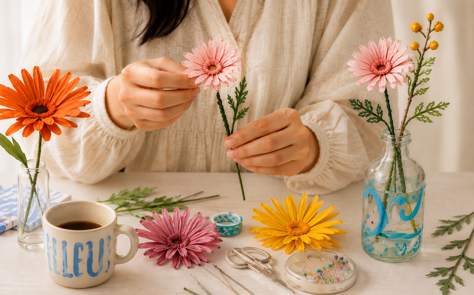 Hands crafting beaded botanical flowers